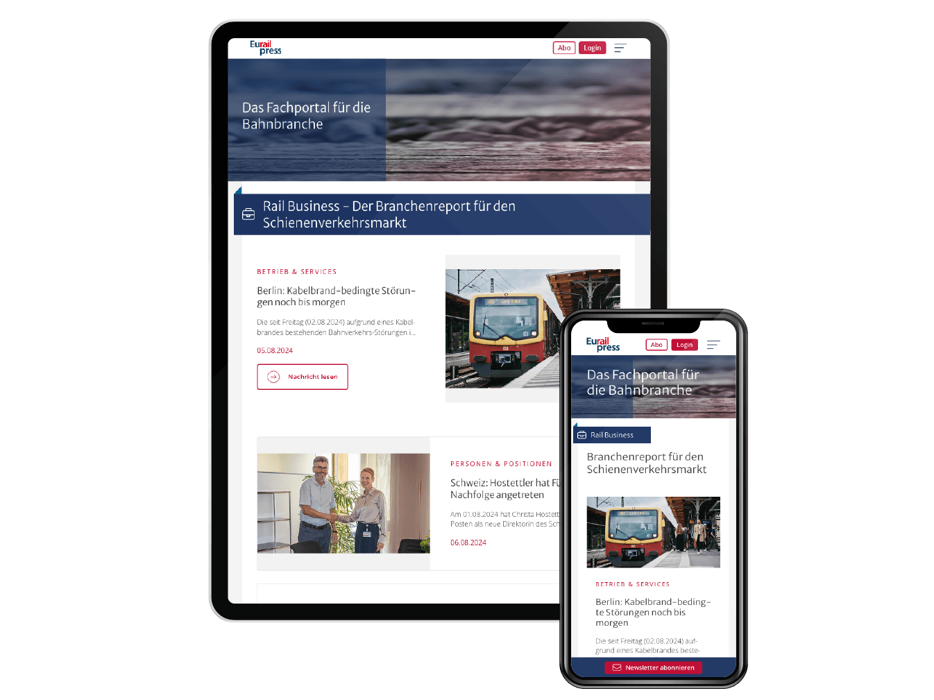 Mockup: Eurailpress-Startseite auf einem Tablet und Smartphone